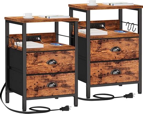 Furologee Nightstand Set Of 2 Rustic Brown With Charging