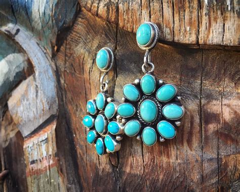 Turquoise Cluster Dangle Earrings Flower Design Native American Indian