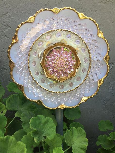 Plate Flower Vintage Glass Garden Decor Yard Art Etsy Flower Plates