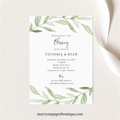 Marriage Blessing Ceremony Invitation Template Greenery Etsy