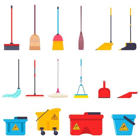 Premium Vector Broom Mop Dustpan And Bucket Cartoon Flat Set Of