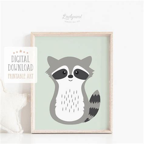 Raccoon Print Printable Art Woodland Nursery Nursery Wall Etsy