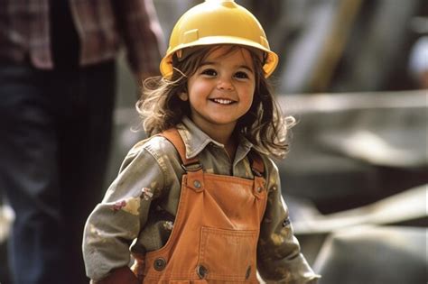 Premium Ai Image Happy Girl In Construction Worker Costume With Generative Ai