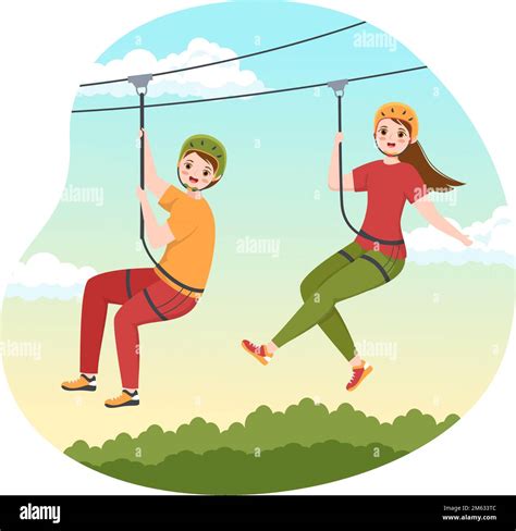 Zip Line Illustration With Visitors Walking On An Obstacle Course And Outdoor Rope Adventure