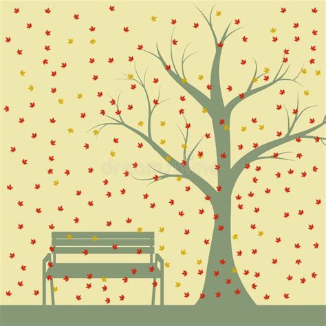 Autumn Tree And Benches Falling Maple Leaves Vector Illustration