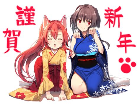2girls Animalears Blush Breasts Brownhair Doggirl Japaneseclothes
