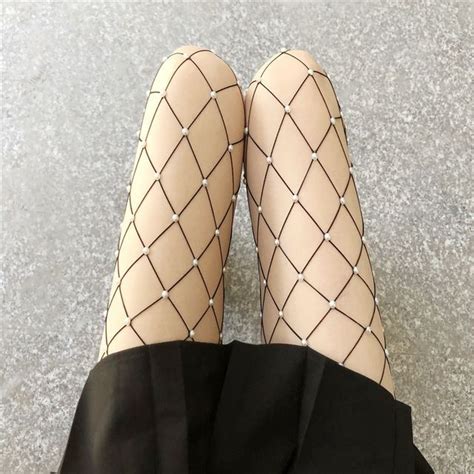 Gentiana Faux Pearl Fishnet Tights YesStyle