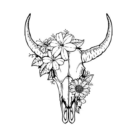 Graphic illustration art digital printing. Animal Bull Skull Head With Floral Design in 2020 | Bull ...