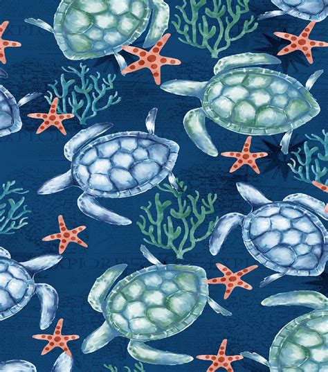 Novelty Cotton Fabric Blue Watercolor Sea Turtles JOANN
