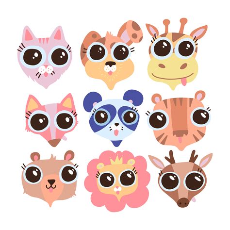 Cute Animal Faces With Big Eyes A Set Of Vector Illustrations Of