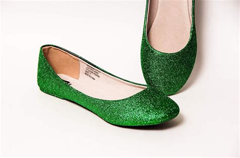 Womens Hand Glittered Kelly Green Glitter Ballet Flats Slip On Shoes By Princess