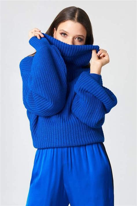 High Neck Oversized Knitted Sweater Color Blue Oversized Knitted