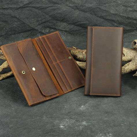 Brown Vintage Slim Leather Long Wallet For Men Bifold Dark Brown Bifol