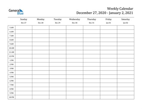 Weekly Calendar December 27 2020 To January 2 2021 Pdf Word Excel