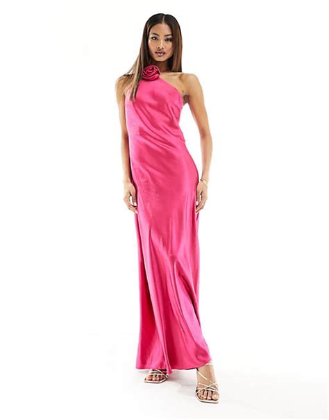 Style Cheat Satin Corsage Halter Neck Maxi Dress In Hot Pink Asos