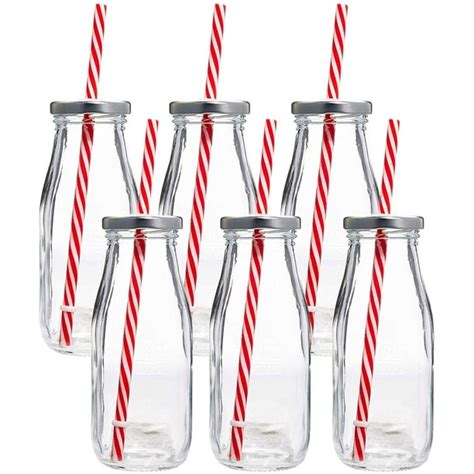 Dairy Reusable Glass Milk Bottles With Straws And Metal Screw On Lids