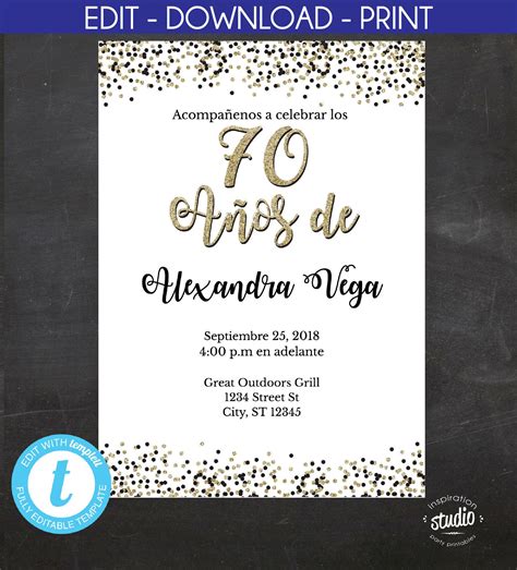 70 Años De Spanish 70th Birthday Invitation White And Gold Glitter