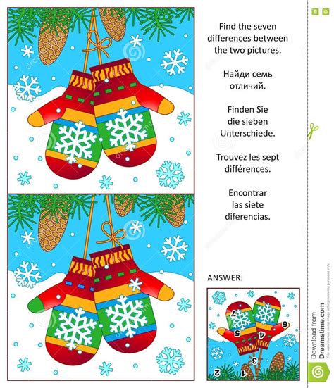 Winter Find The Differences Picture Puzzle With Mittens Stock Vector
