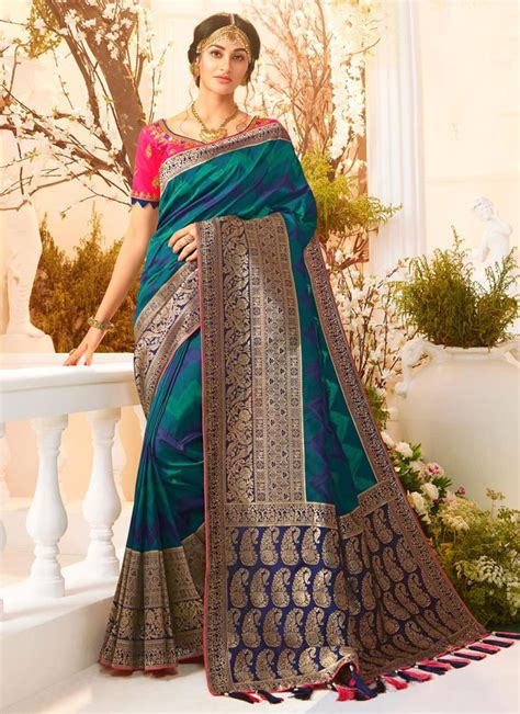 Buy Teal Weaving Banarasi Silk Trendy Saree Online Designer Sarees