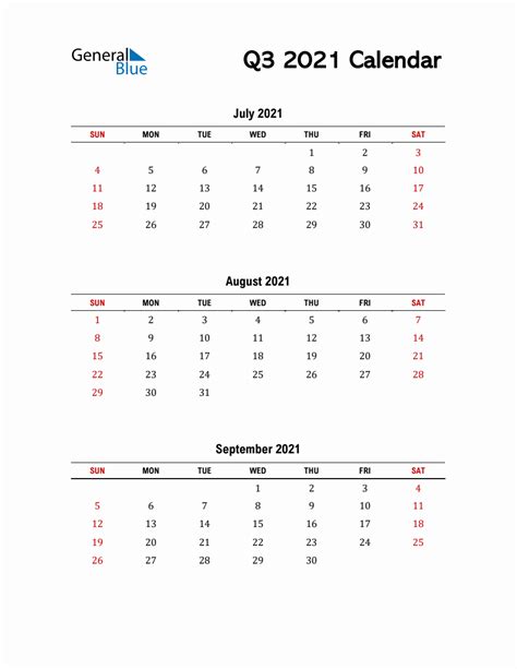 Q3 2021 Calendar Template In Pdf Excel And Word