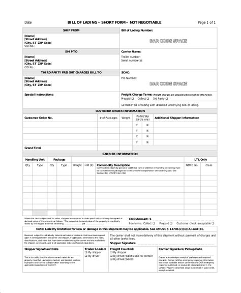Bill Of Lading Short Form Template Excel