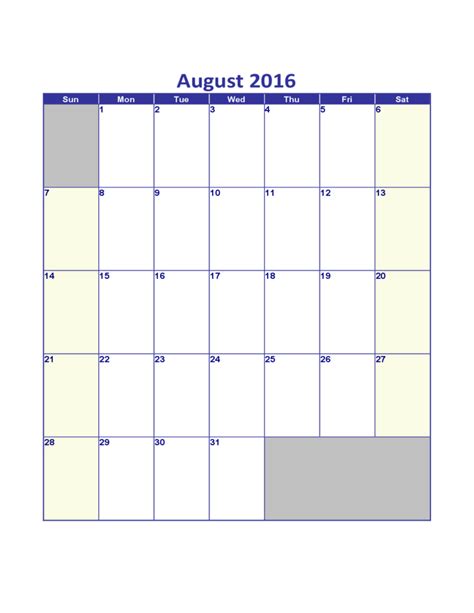 August 2016 Calendar Free Download
