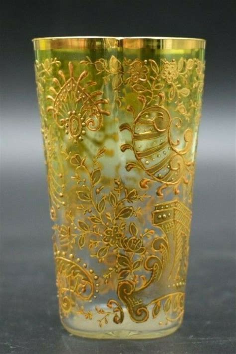 Moser Czech Quatrefoil Enameled Flowers Green To Clear 3 1 2 Tumbler Shot Glass Ebay