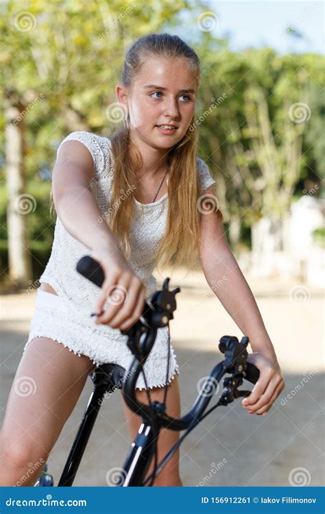 Teen Girl Sitting On Bicycle Ready To Go On Park Ride At Sunny Day Stock Image Image Of