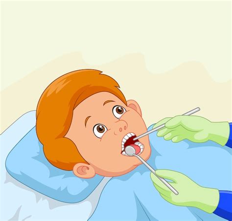 Premium Vector Cartoon Little Boy Having His Teeth Checked By Dentist