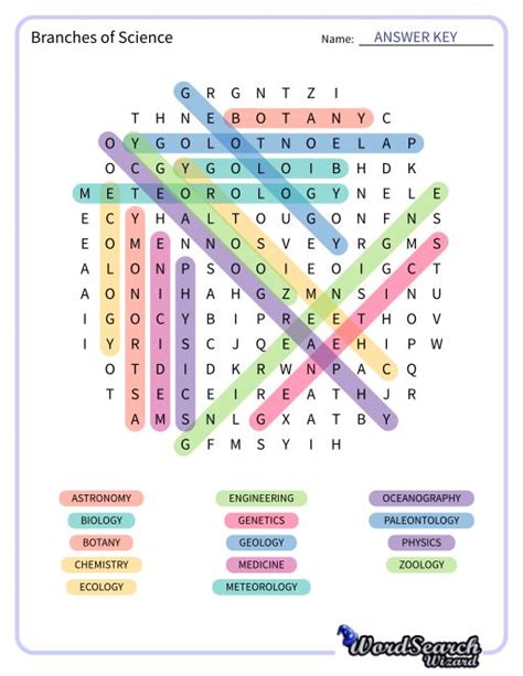 Word Search Puzzle Branches Of Science