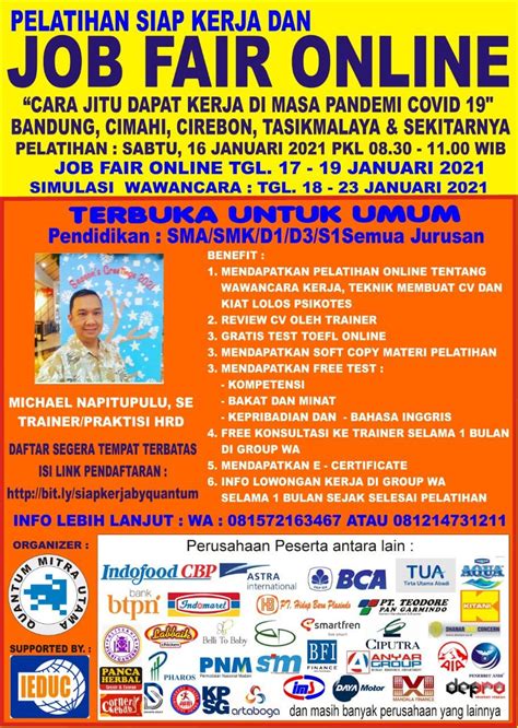 Kawasan industri makassar (persero) bulan agustus tahun 2021 pt kawasan industri makassar (persero) merupakan. Job Fair Online 16 Januari 2021 - Info Loker Bandung 2021