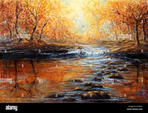 Original Oil Painting Of Beautiful Autumn Forest And River On Canvas