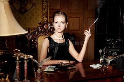 Woman Smoke With Cigarette Holder Retro Style Stock Image Image Of