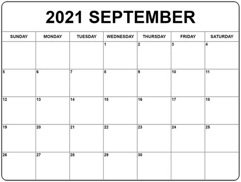 Blank September 2021 Calendar Printable Template Pdf Calendar Dream