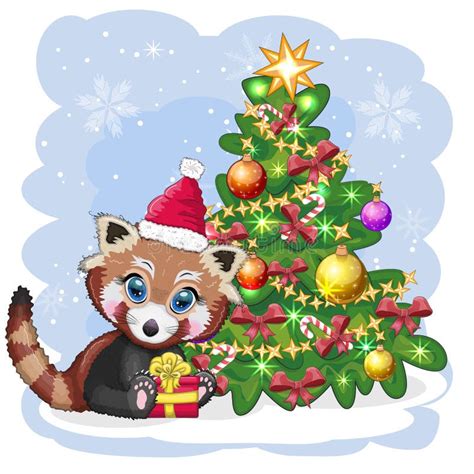 Red Panda In Santa Hat With A Ball Near The Christmas Tree Cute
