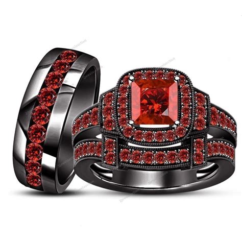 Princess310ct Garnet Prongs Engagement Trio Ring Set With 14k Black