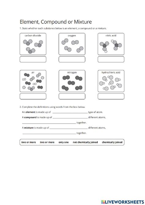 Elements Compounds Mixtures Worksheet Live Worksheets