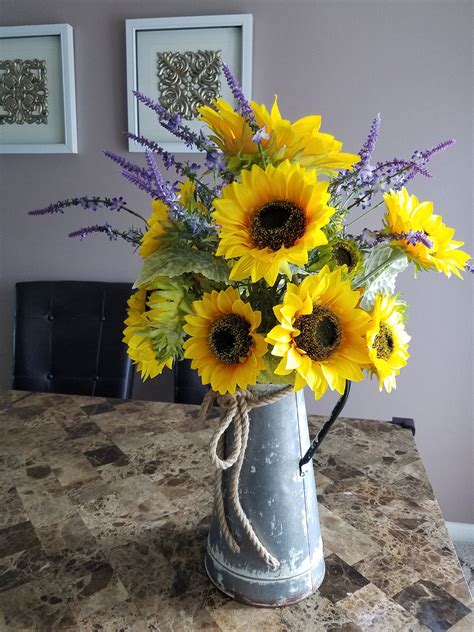 Sunflower Arrangement In Metal Pitcher 26 In Kitchen Etsy Sunflower