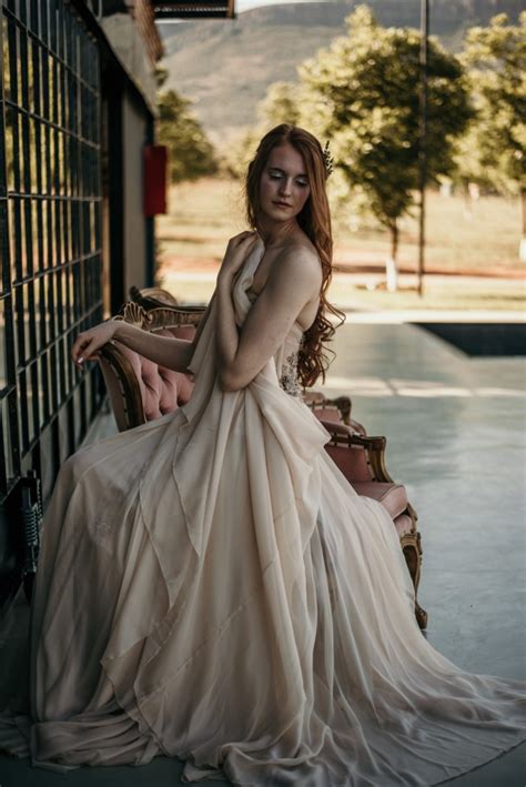 New Romantics Bridal Nude Gold Wedding Dress Flowy Chiffon Skirt With