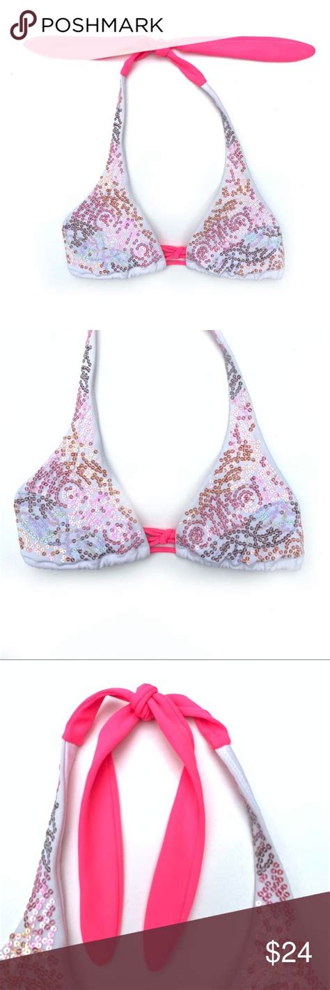 Victoria’s Secret Sequin Triangle Bikini Top Halter Style Pastel Color Sequins Cinch To Your