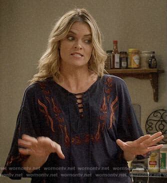 Wornontv Natashas Navy Embroidered Lace Up Top On Mom Missi Pyle Clothes And Wardrobe From Tv