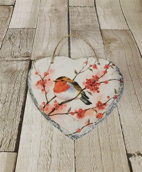 Robin Slate Heart Plaque Robin And Berries Print Wall Etsy Uk