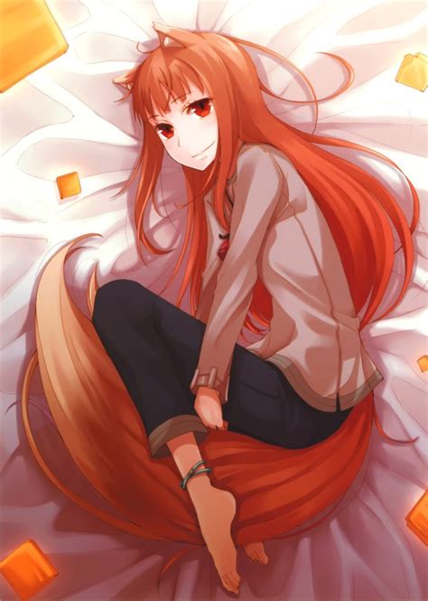 Tails Spice And Wolf Redheads Long Hair Animal Ears Red Eyes Lying Down Holo The