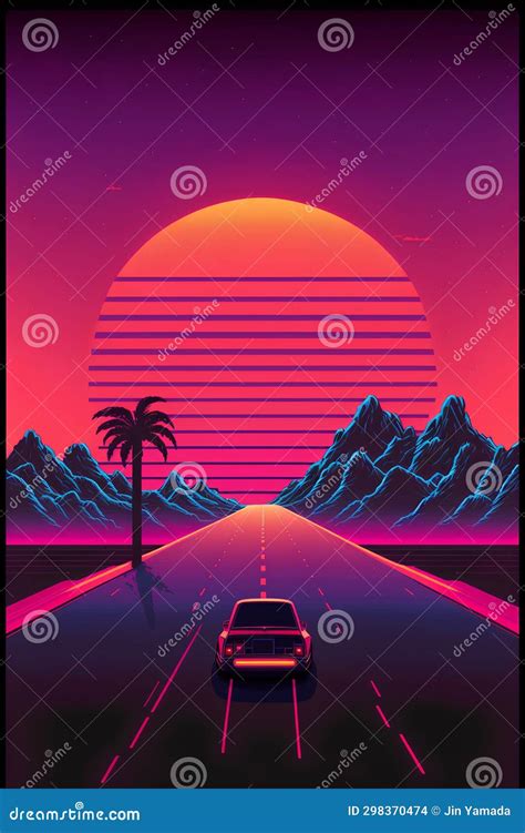 Car On The Road At Sunset Vector Illustration In Retro Style Stock