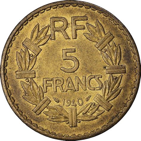 Coin France Lavrillier 5 Francs 1940 Aluminum Bronze Km888a1