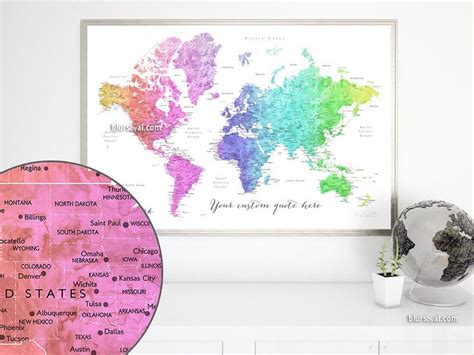 Custom Quote Printable World Map With Cities Rainbow Etsy