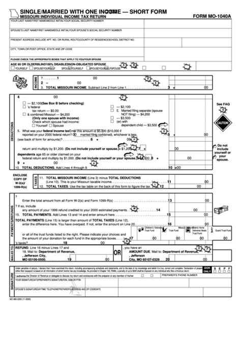 Form Mo 1040a Singlemarried With One Income Short Form 2000