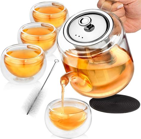 Glass Teapot Set With Infuser For Loose Tea 1100ml Stove Top Safe Borosilicate Clear Glass Tea