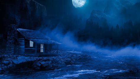 2560x1440 Resolution Full Moon Over Lakeside Cabin 1440p Resolution