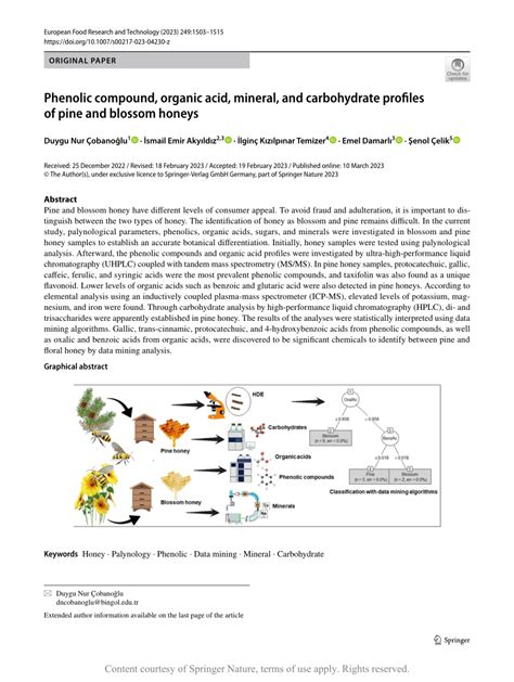 Phenolic Compound Organic Acid Mineral And Carbohydrate Profiles Of Pine And Blossom Honeys